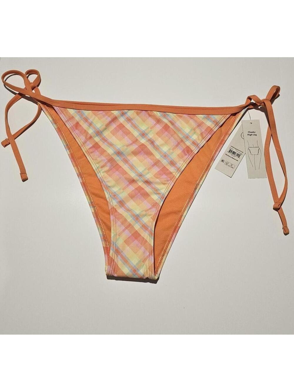 No Boundaries Cheeky High Leg Tie Side Bikini Bottom XXL (20) Orange Plaid